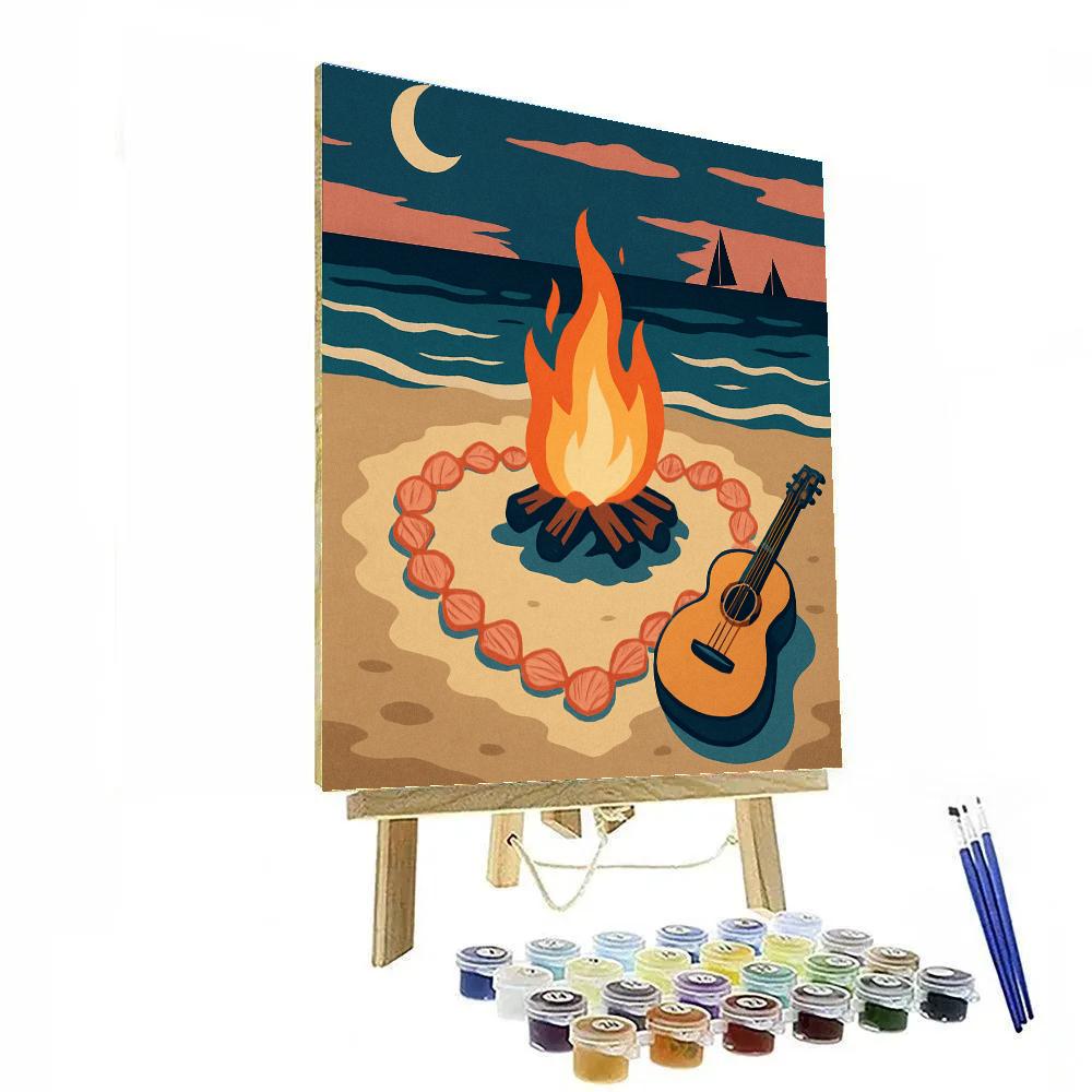 Valentines Day Beach Bonfire With Shell Hearts paint by color