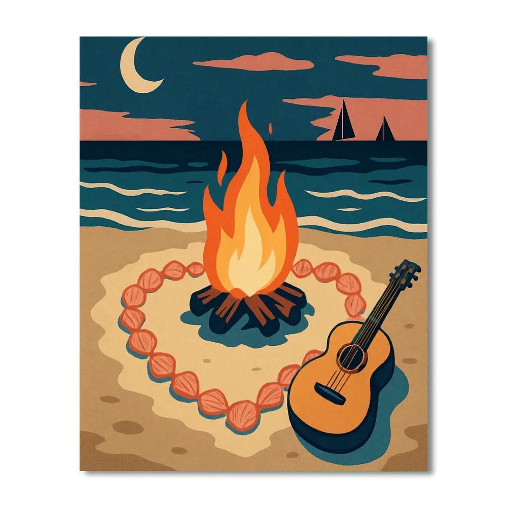 Valentines Day Beach Bonfire With Shell Hearts paint by color