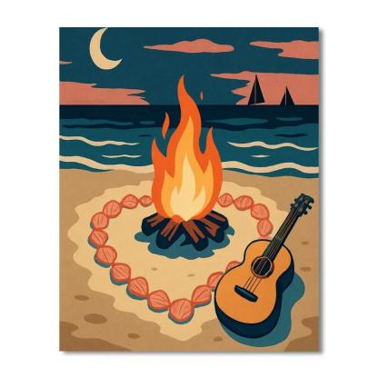 Valentines Day Beach Bonfire With Shell Hearts paint by color
