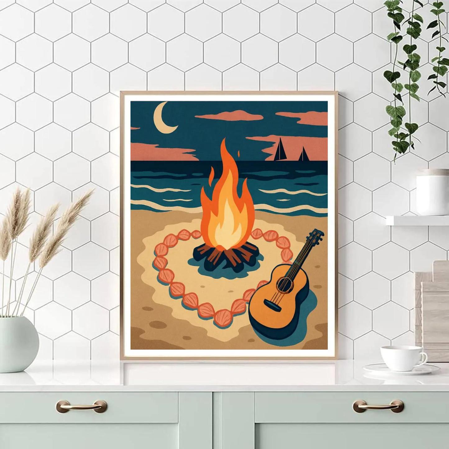Valentines Day Beach Bonfire With Shell Hearts paint by color