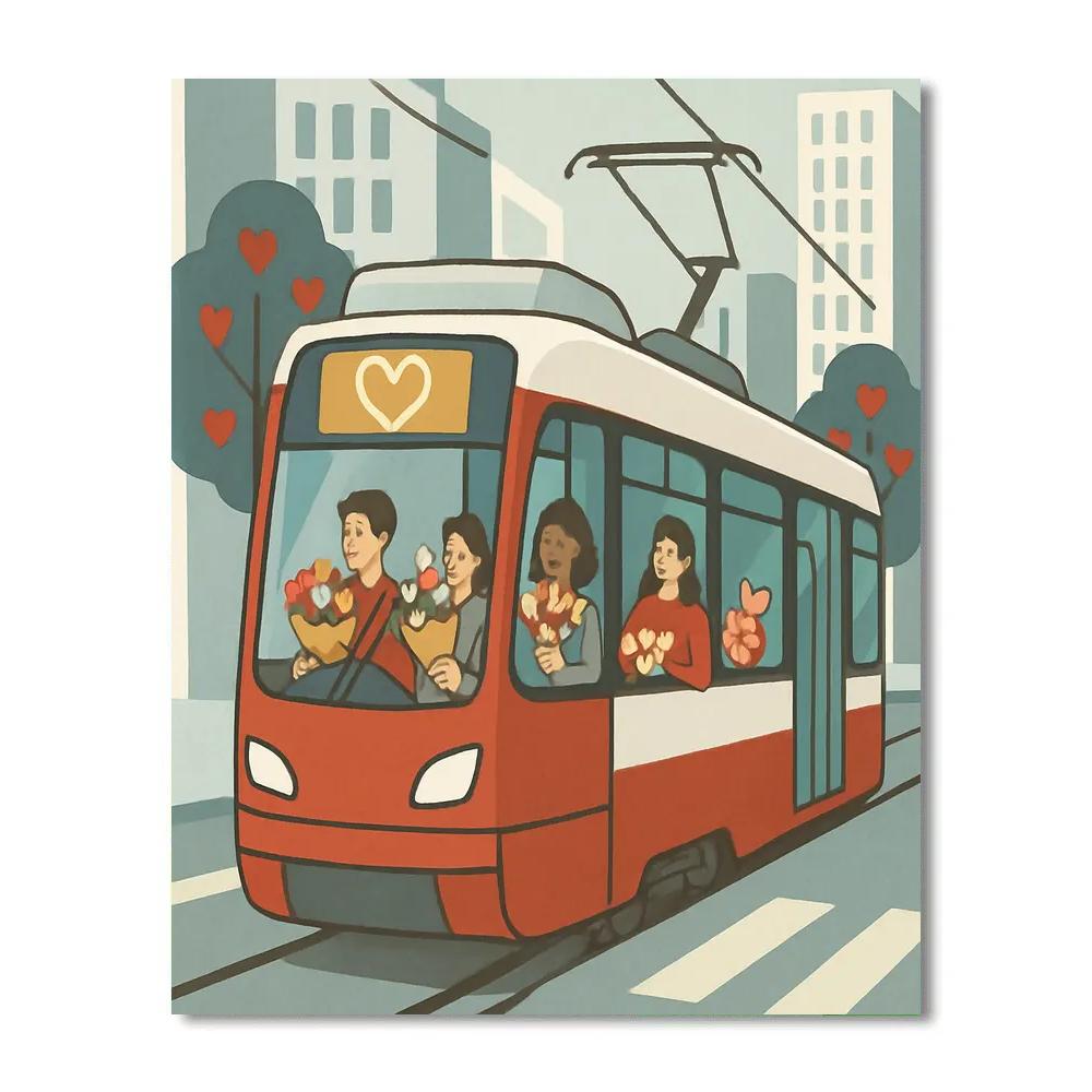 Valentines Day City Tram With Heart Route Map DIY paint by numbers