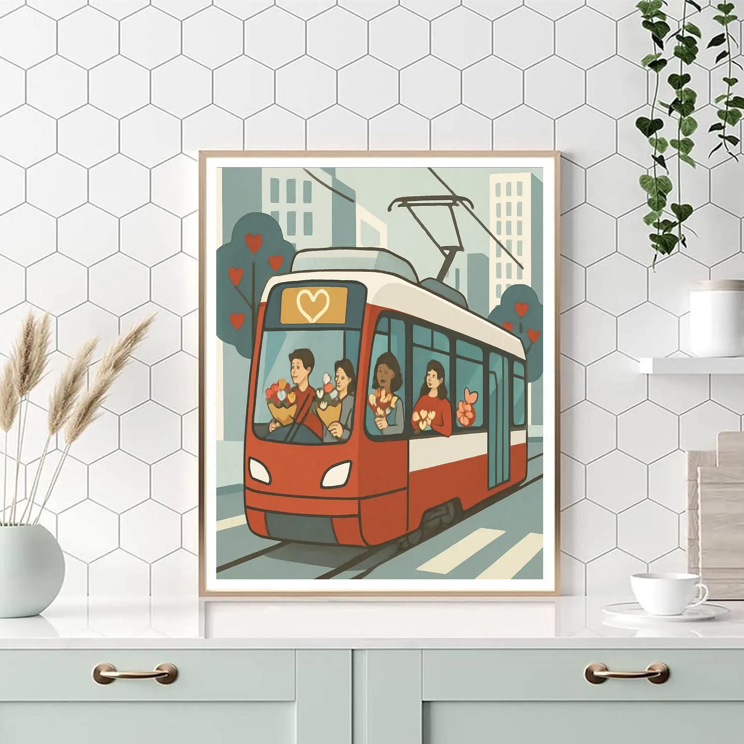 Valentines Day City Tram With Heart Route Map DIY paint by numbers