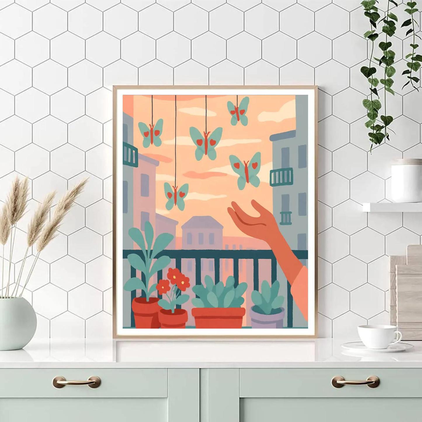 Valentines Day Balcony Garden Of Paper Butterflies painting number kit