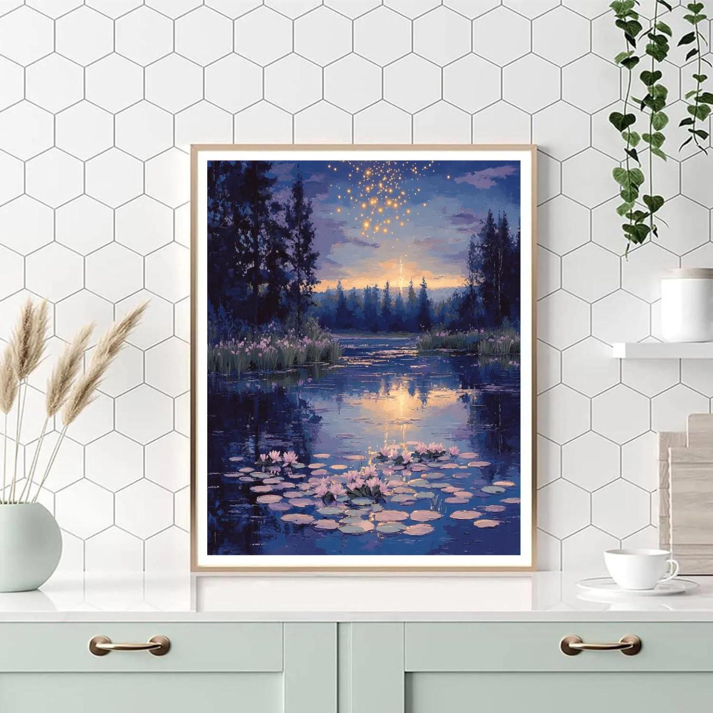 Claude Monet Inspired Water Lilies On A Meteor Shower Night DIY paint by numbers