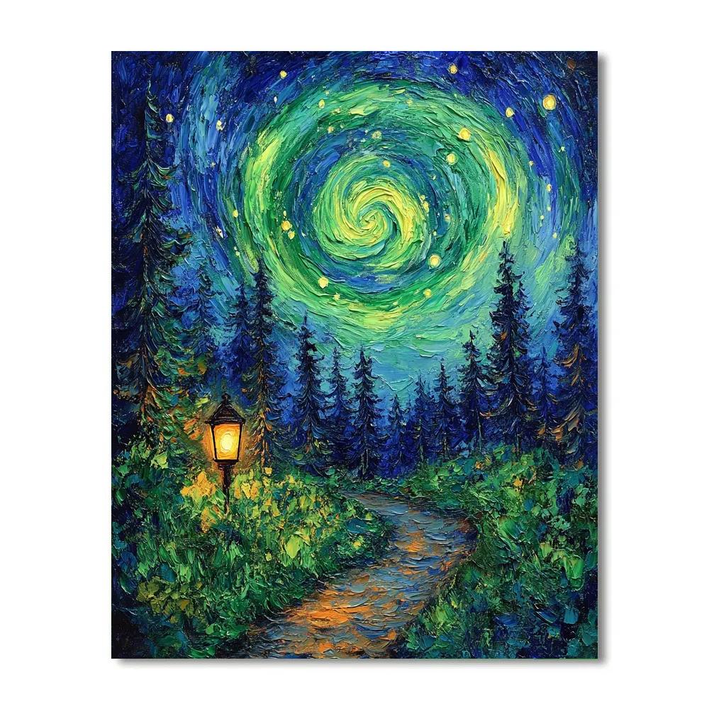 Van Gogh Inspired Aurora Forest Walk paint by number