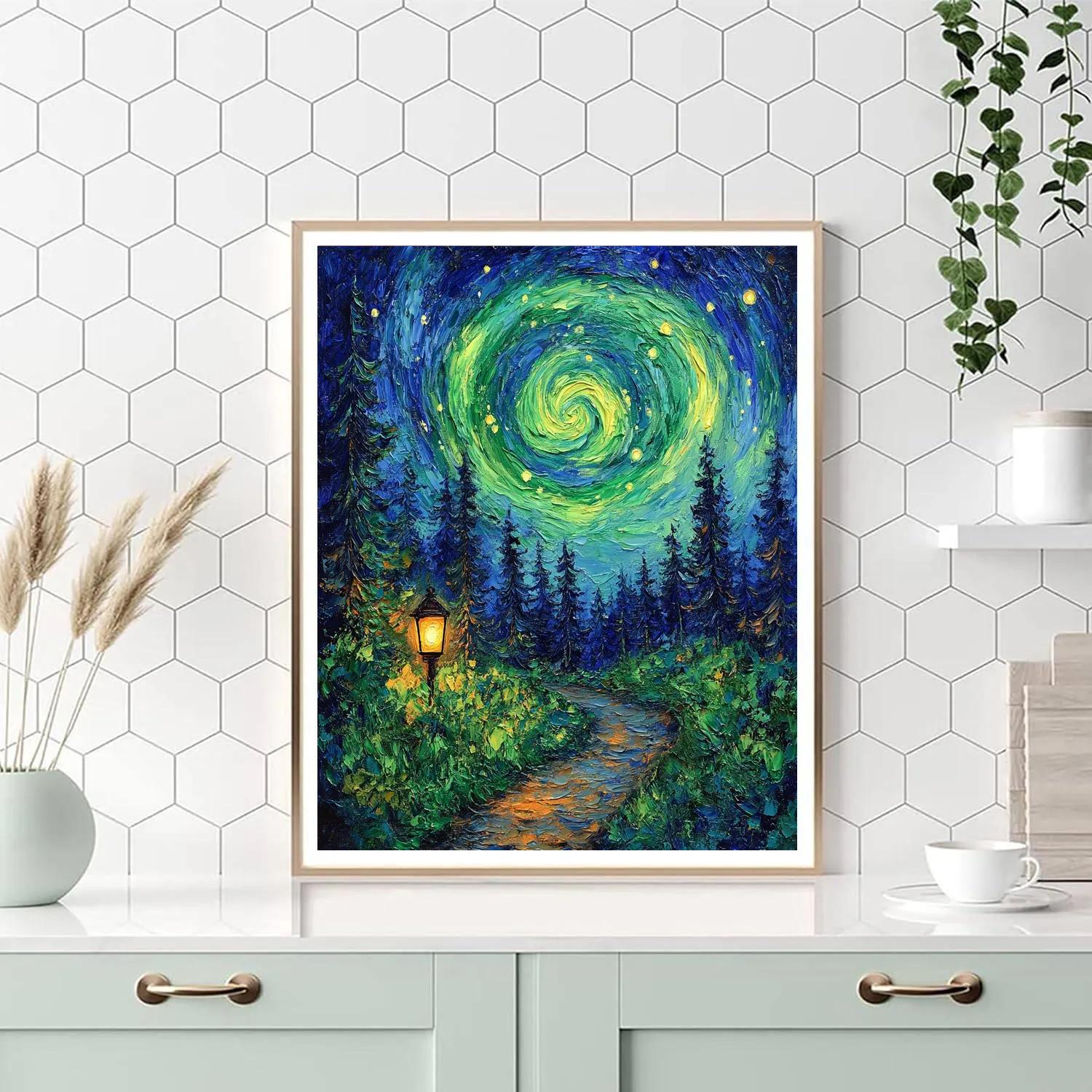 Van Gogh Inspired Aurora Forest Walk paint by number