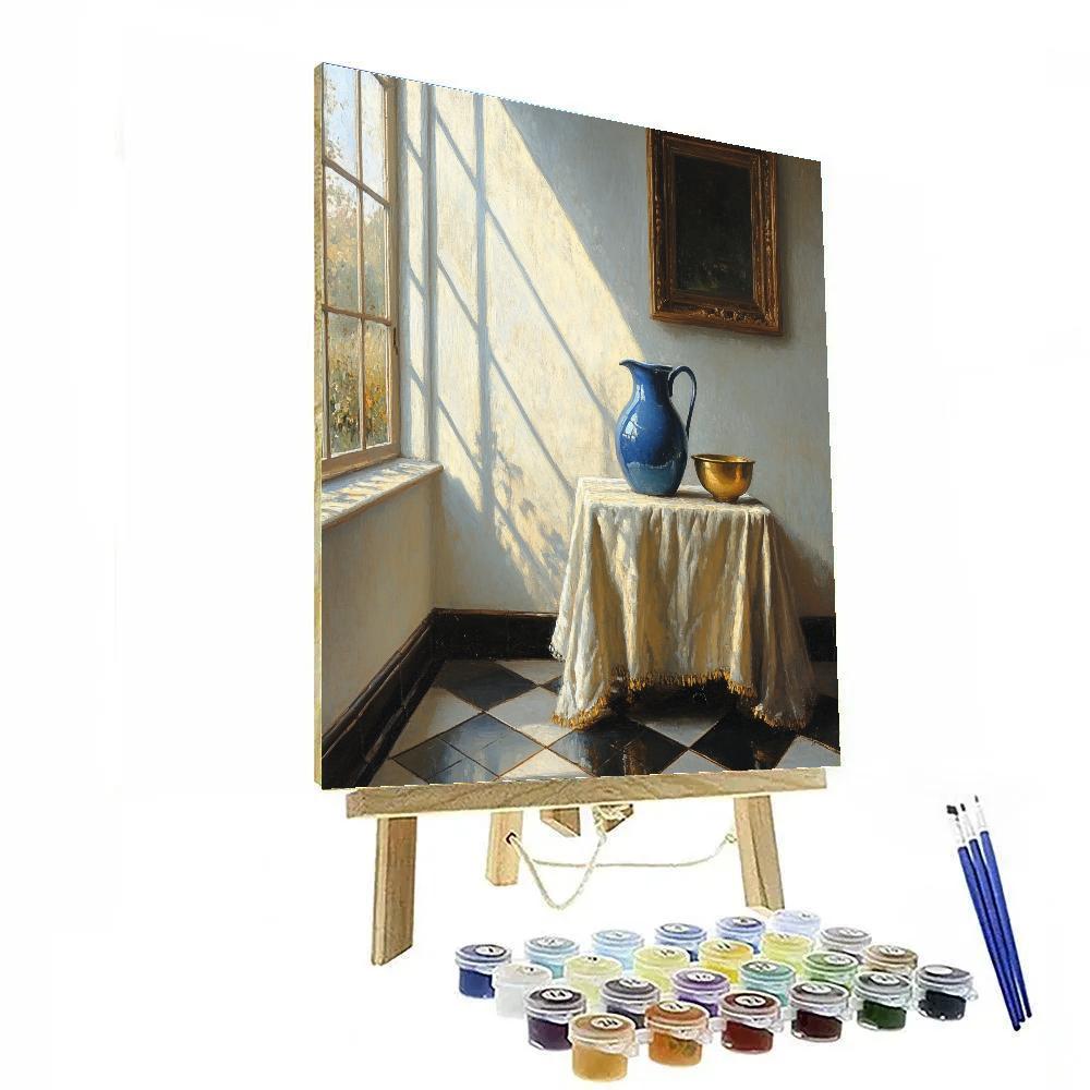 Johannes Vermeer Inspired Lapis Blue Jug Beside Sunlit Leaded Window Paint by numbers art