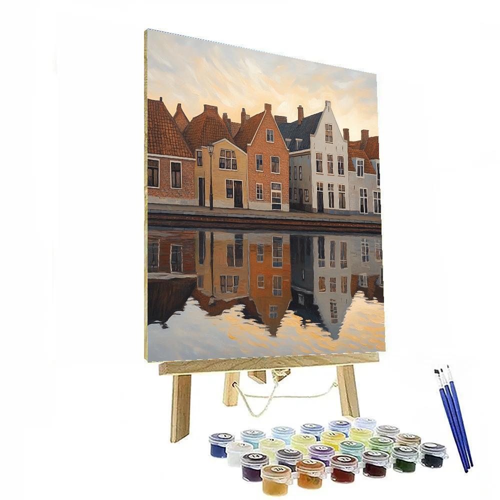 Johannes Vermeer Inspired Delft Canal Reflections Under Pale Morning Sky paint by number
