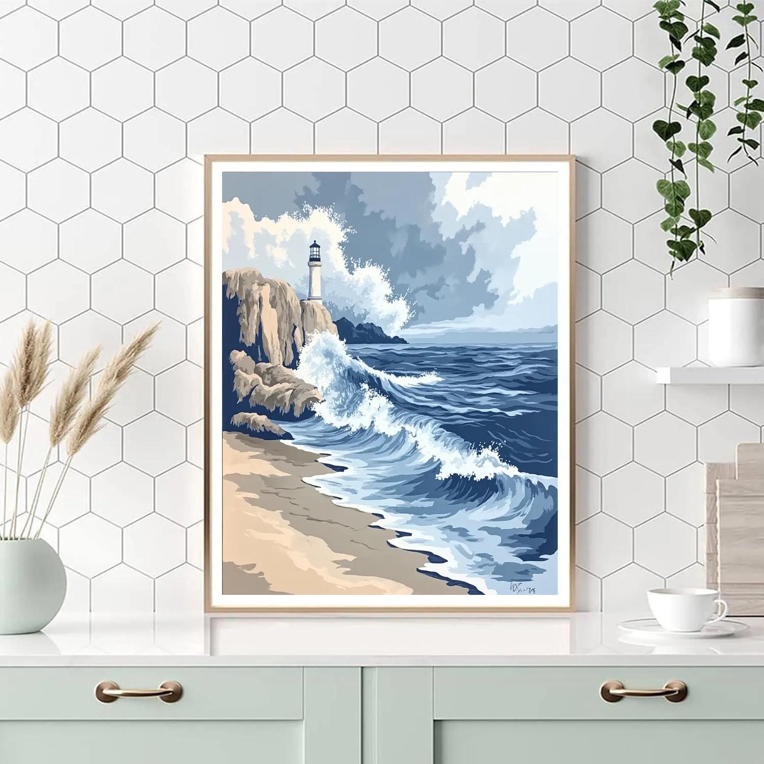 Katsushika Hokusai Inspired Storm Waves And Lighthouse paint by color