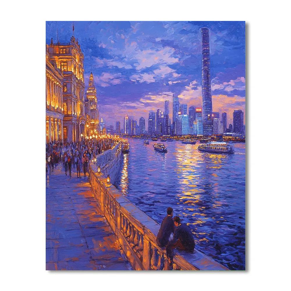 Evening Lights Along The Bund Waterfront Shanghai China paint by number