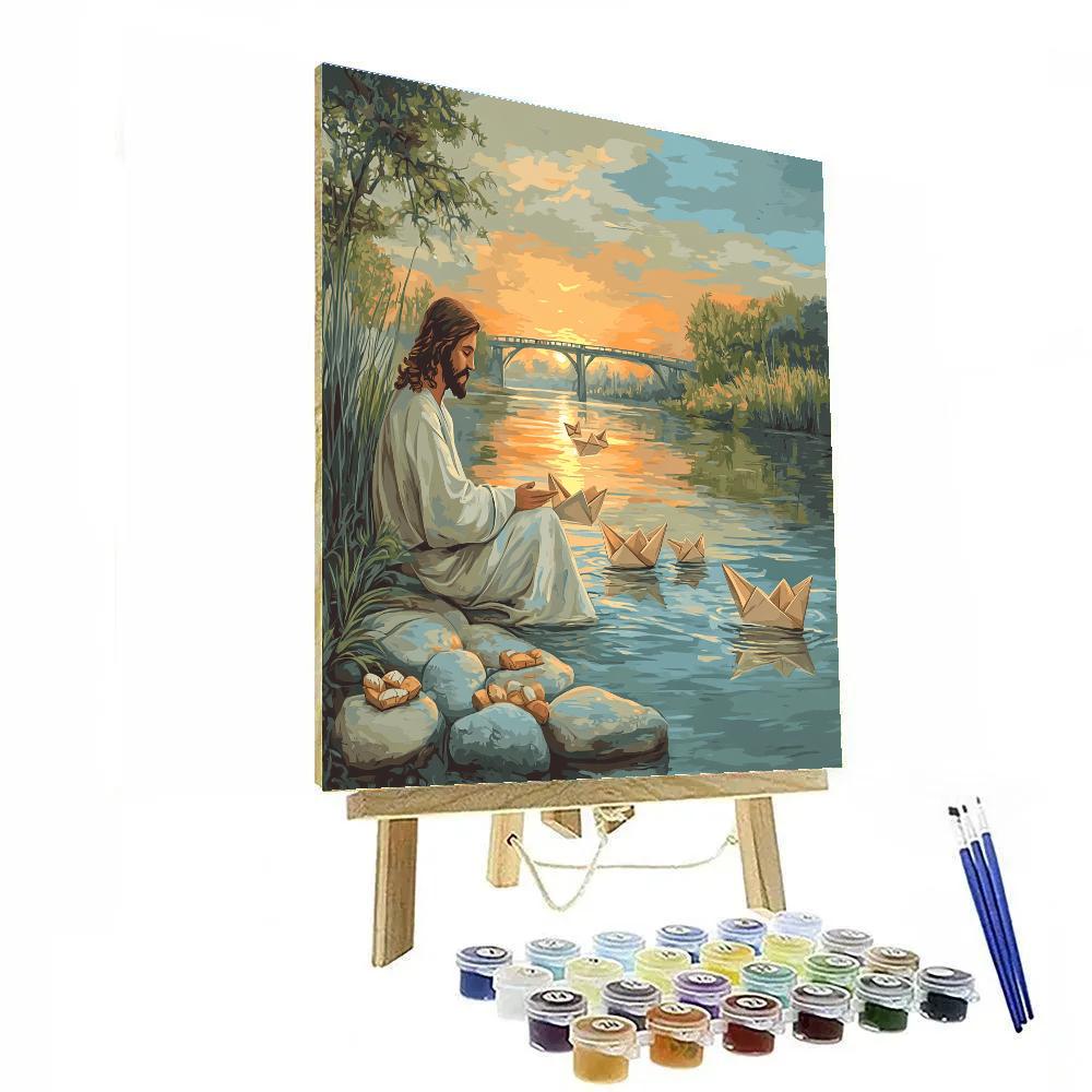 Riverbank Parable With Jesus And Paper Boats paint by color