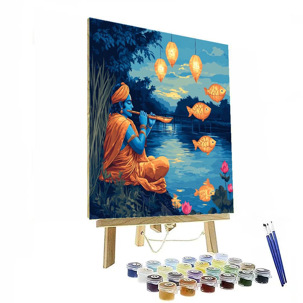 Krishna Playing Flute For Paper Lantern Fish painting number kit