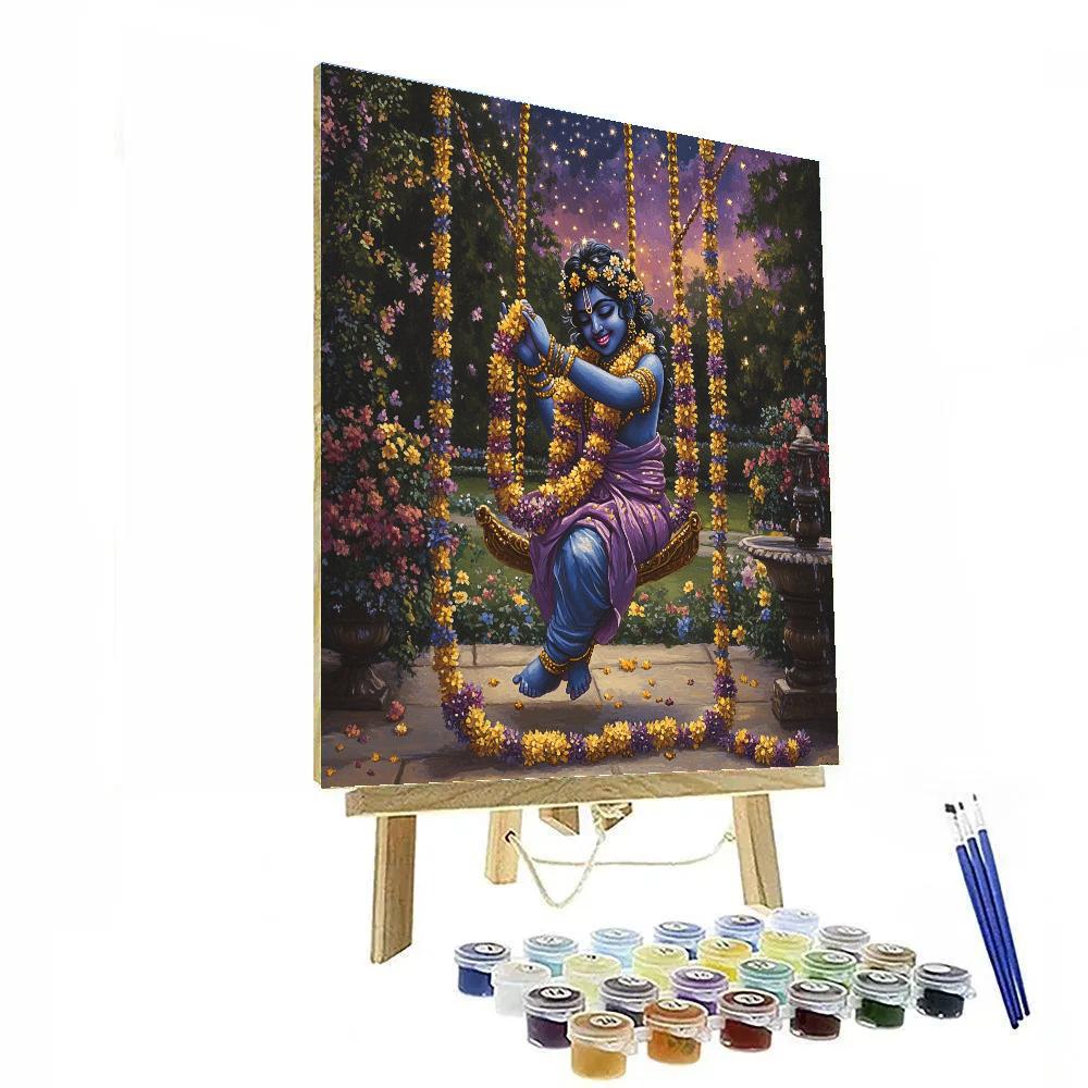 Krishna Decorating A Swing With Galaxy Flowers Paint by numbers art