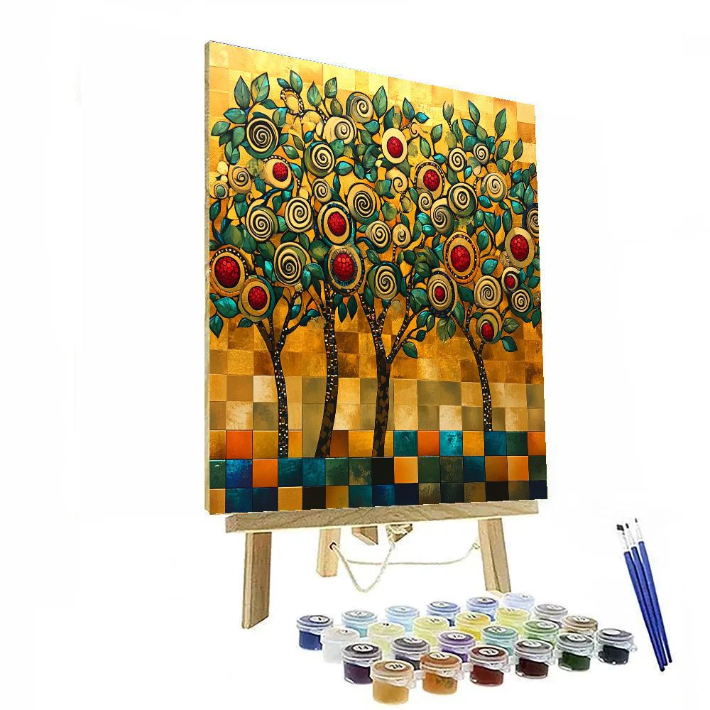 Gustav Klimt Inspired Amber Orchard Of Spiral Leaves painting number kit