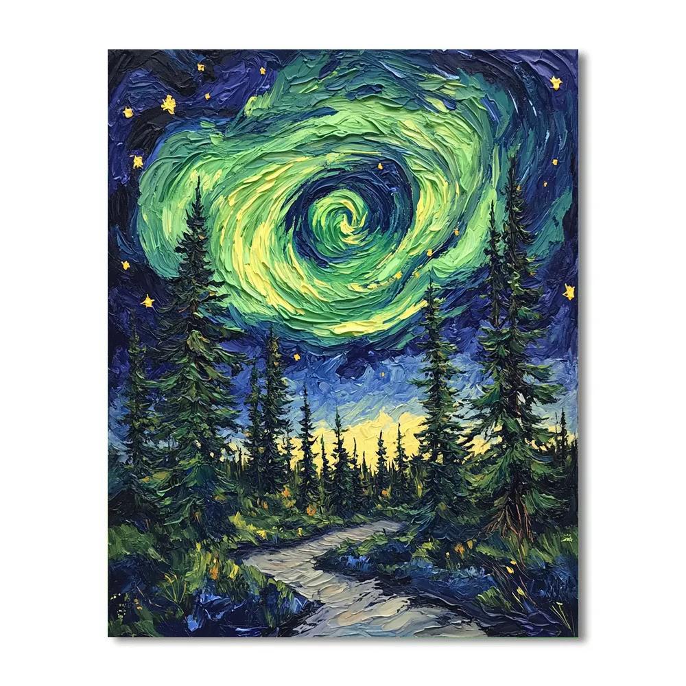 Van Gogh Inspired Aurora Over Pine Forest DIY paint by numbers