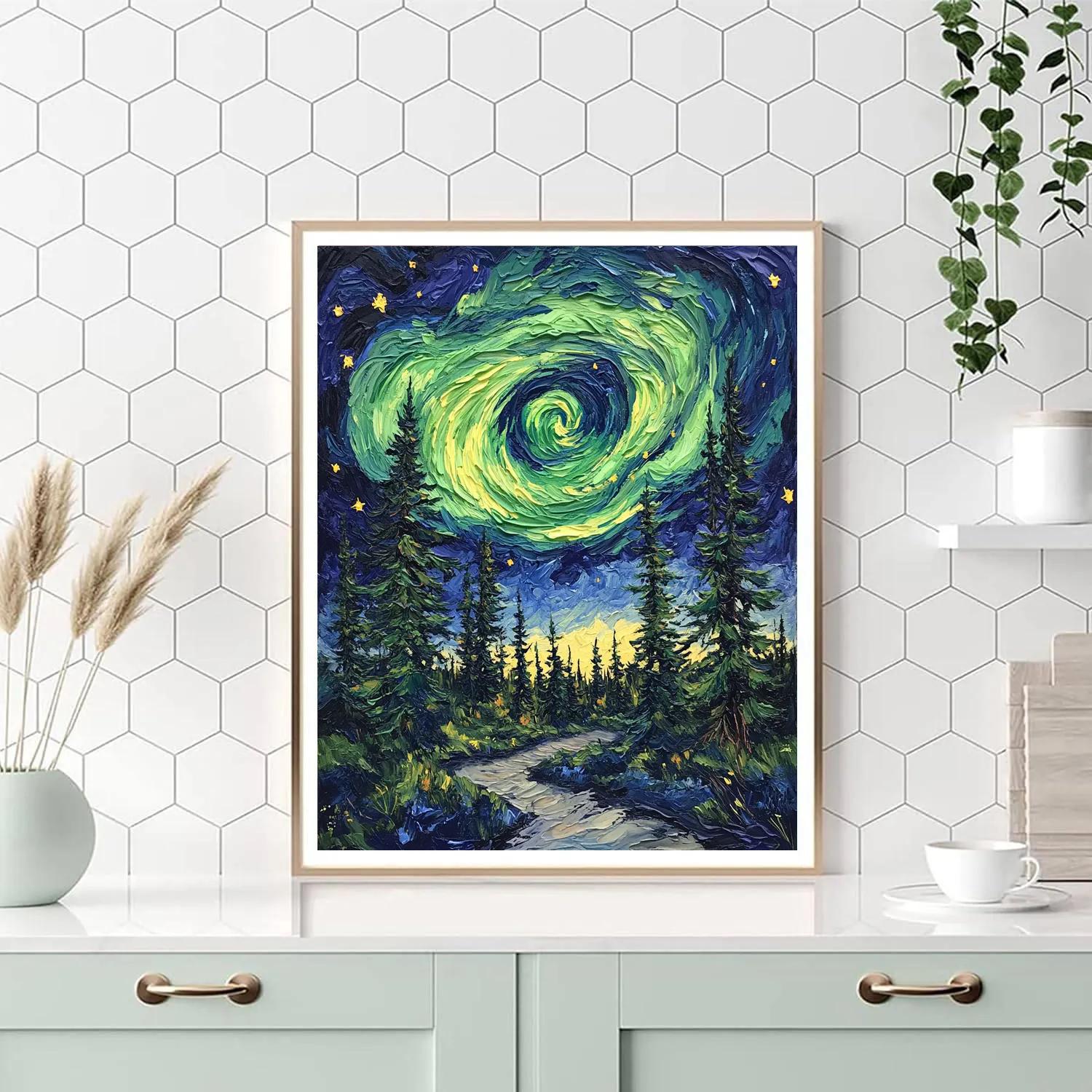 Van Gogh Inspired Aurora Over Pine Forest DIY paint by numbers