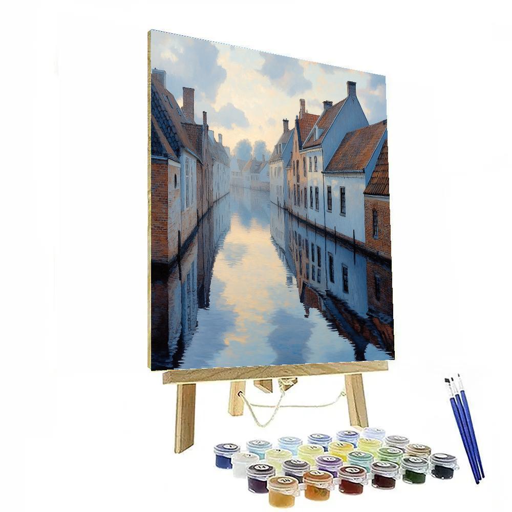 Johannes Vermeer Inspired Silver Dawn Reflection On Delft Canal paint by numbers