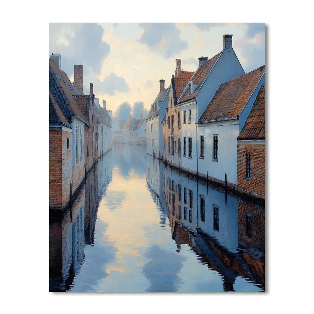 Johannes Vermeer Inspired Silver Dawn Reflection On Delft Canal paint by numbers