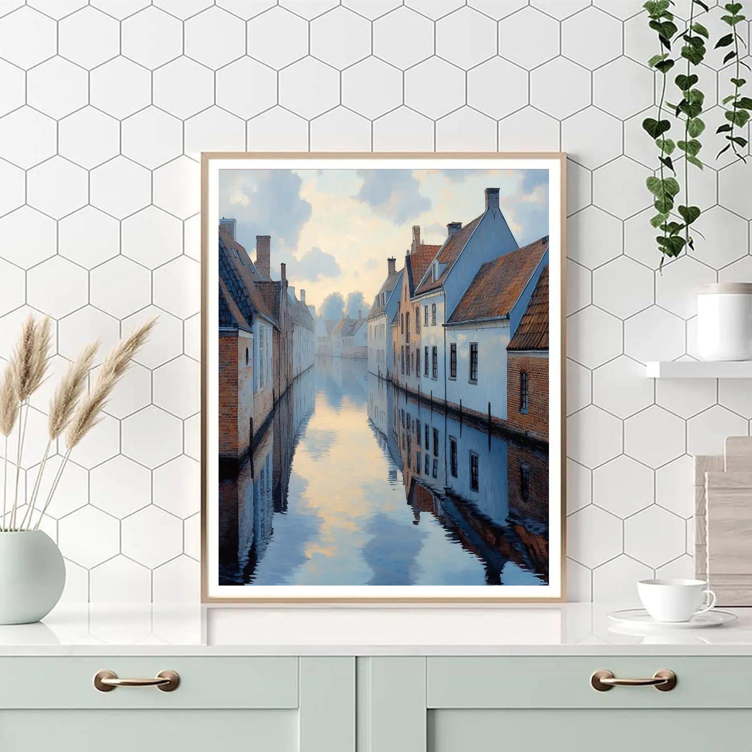 Johannes Vermeer Inspired Silver Dawn Reflection On Delft Canal paint by numbers