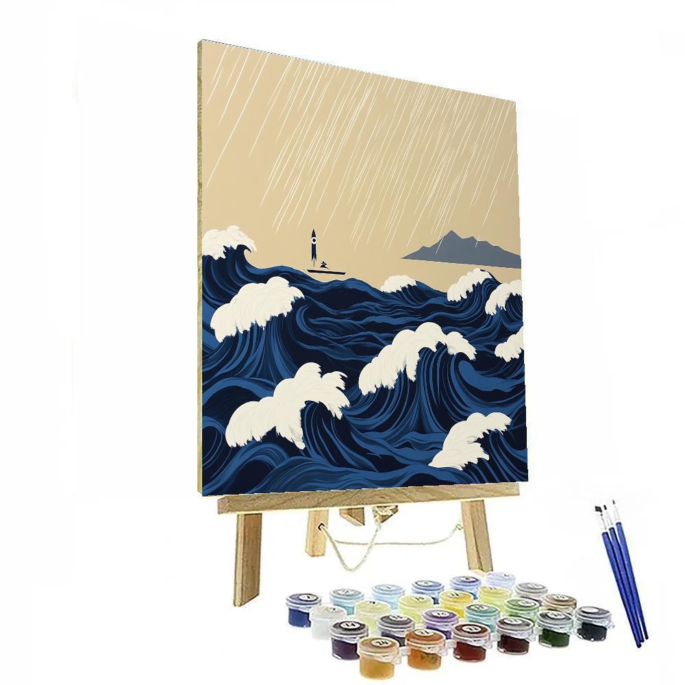 Hokusai Inspired Storm Waves And Distant Rocket Paint by numbers kits