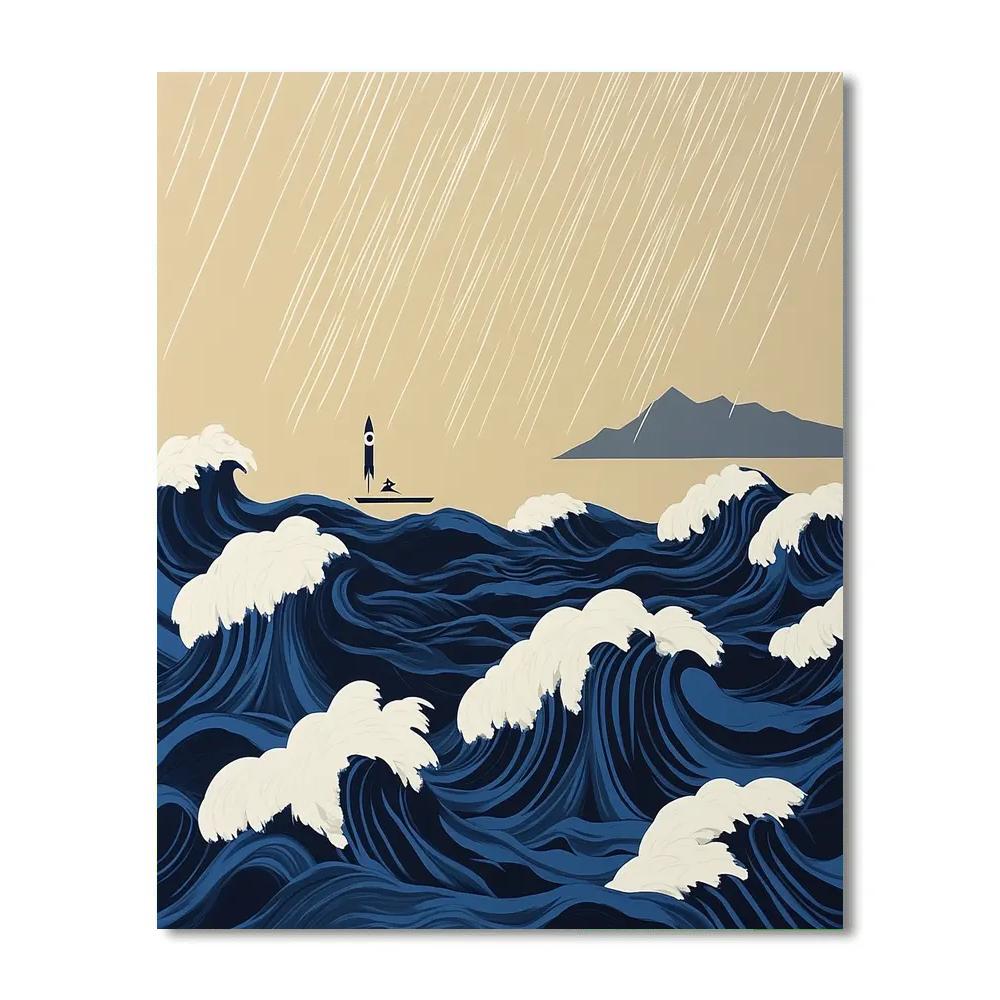 Hokusai Inspired Storm Waves And Distant Rocket Paint by numbers kits