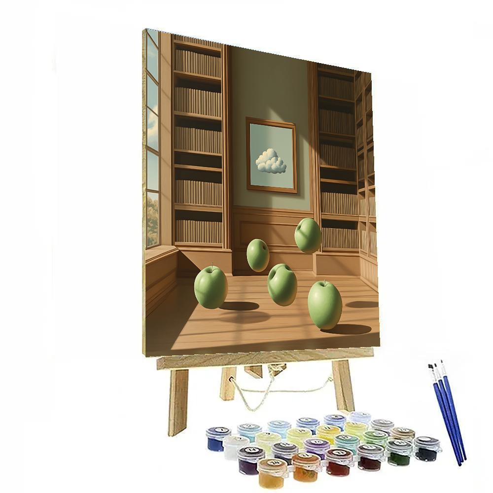 René Magritte Inspired Floating Apples Over Library paint by numbers