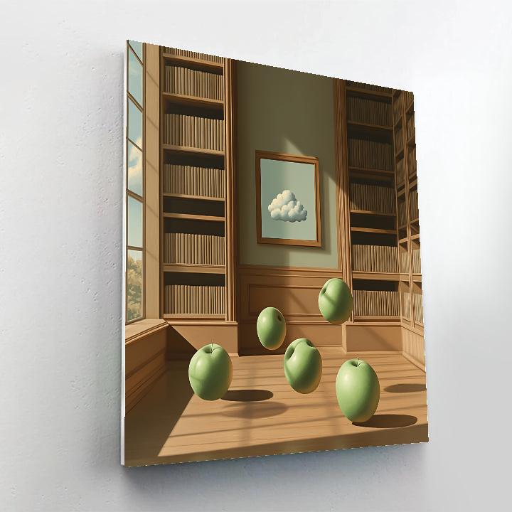 René Magritte Inspired Floating Apples Over Library paint by numbers