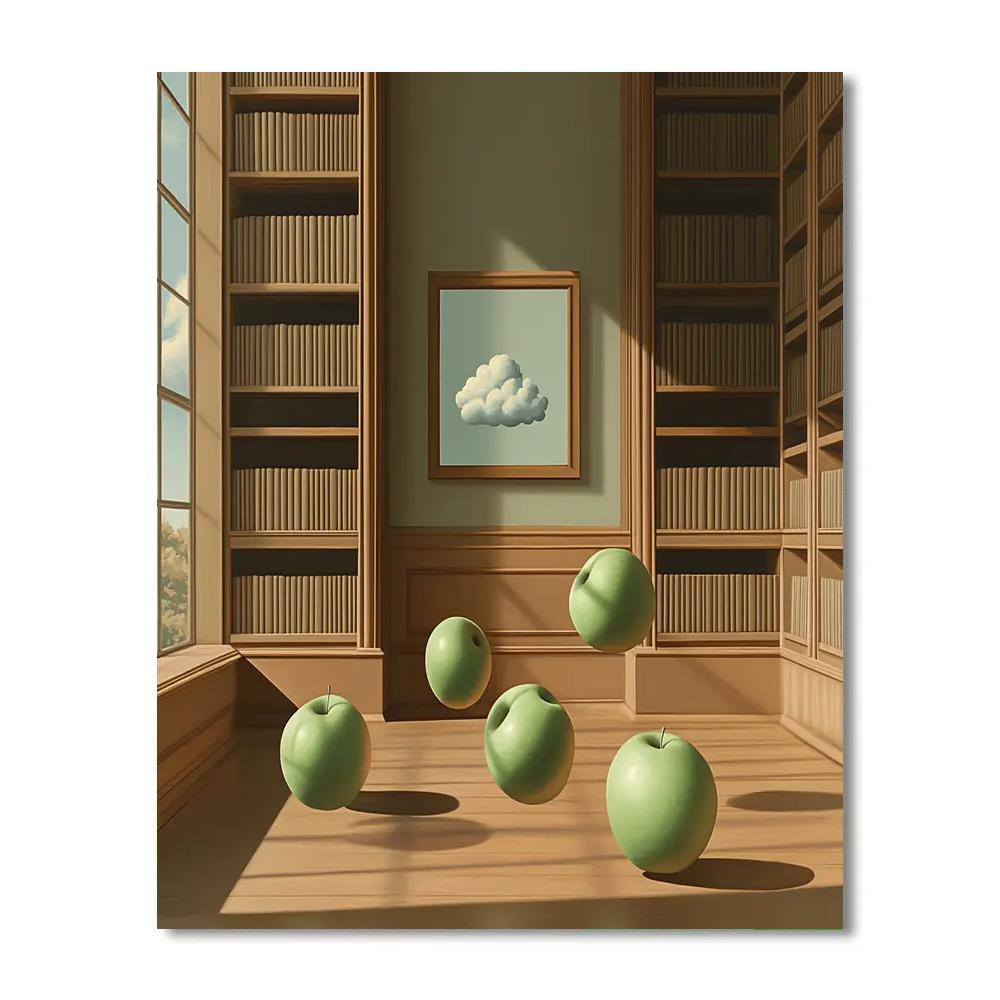 René Magritte Inspired Floating Apples Over Library paint by numbers
