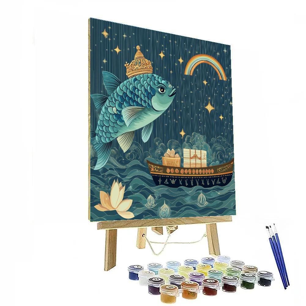 Matsya Guiding A Boat Of Manuscripts Through Celestial Waves Numbered painting kits