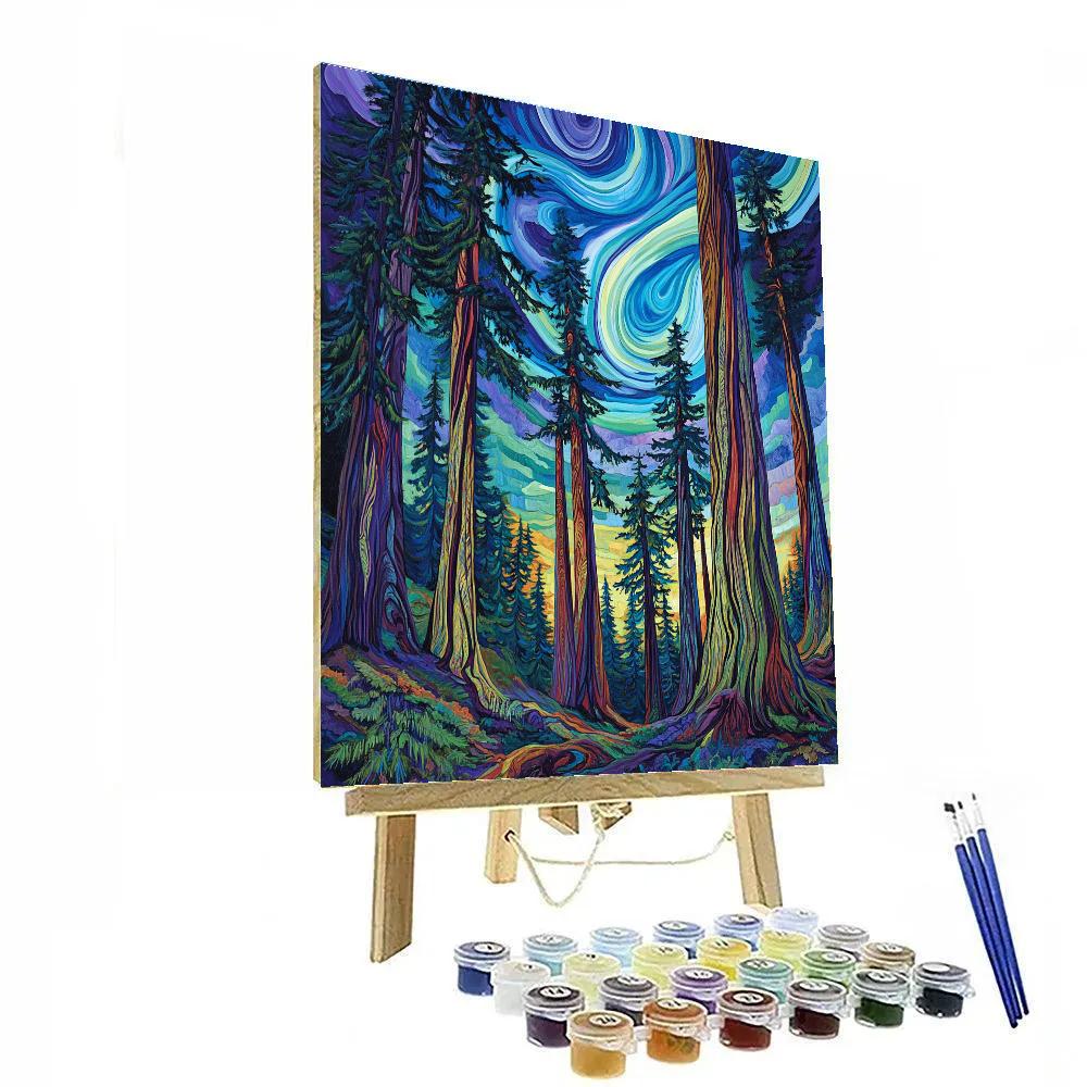 Emily Carr Inspired Cedar Cathedral Under Auroral Winds Numbered painting kits