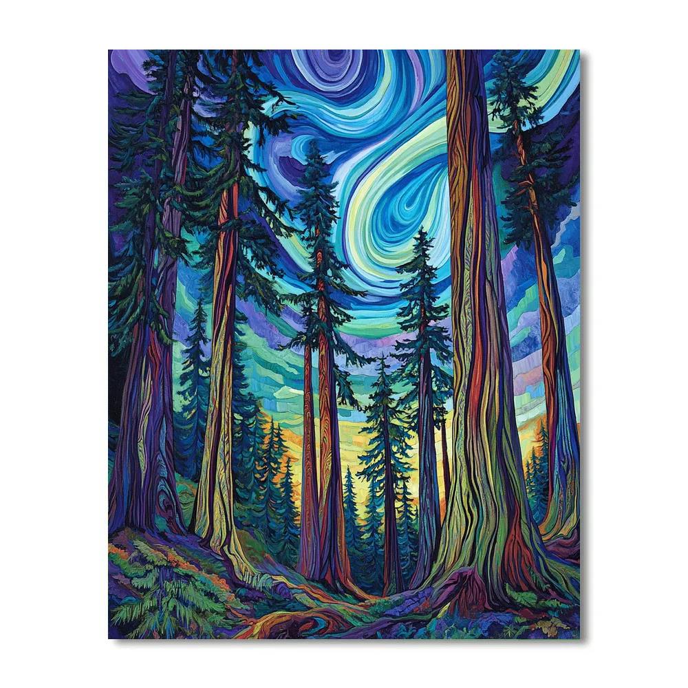 Emily Carr Inspired Cedar Cathedral Under Auroral Winds Numbered painting kits