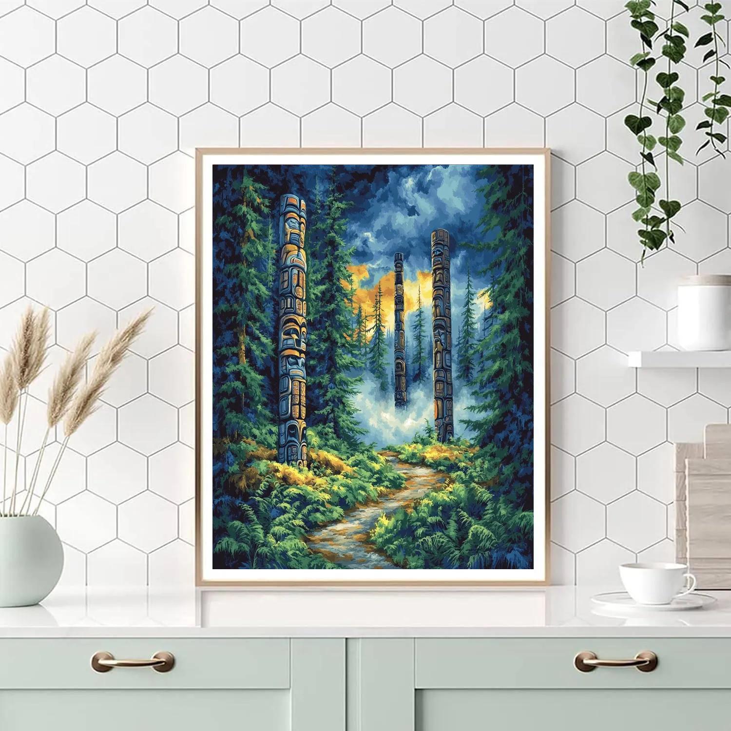 Emily Carr Inspired Totem Grove In Stormlit Coastal Fog Number painting