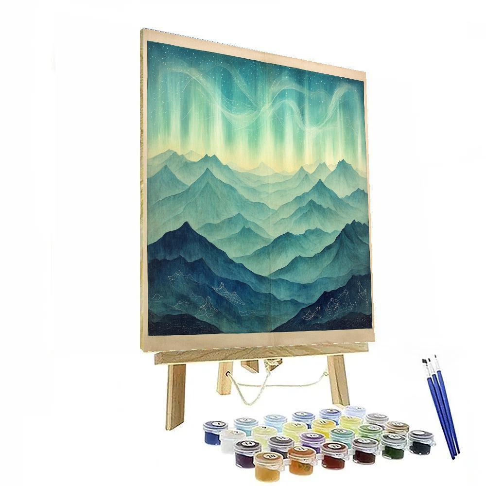 Leonardo Da Vinci Inspired Aurora Over Silent Mountains paint by color