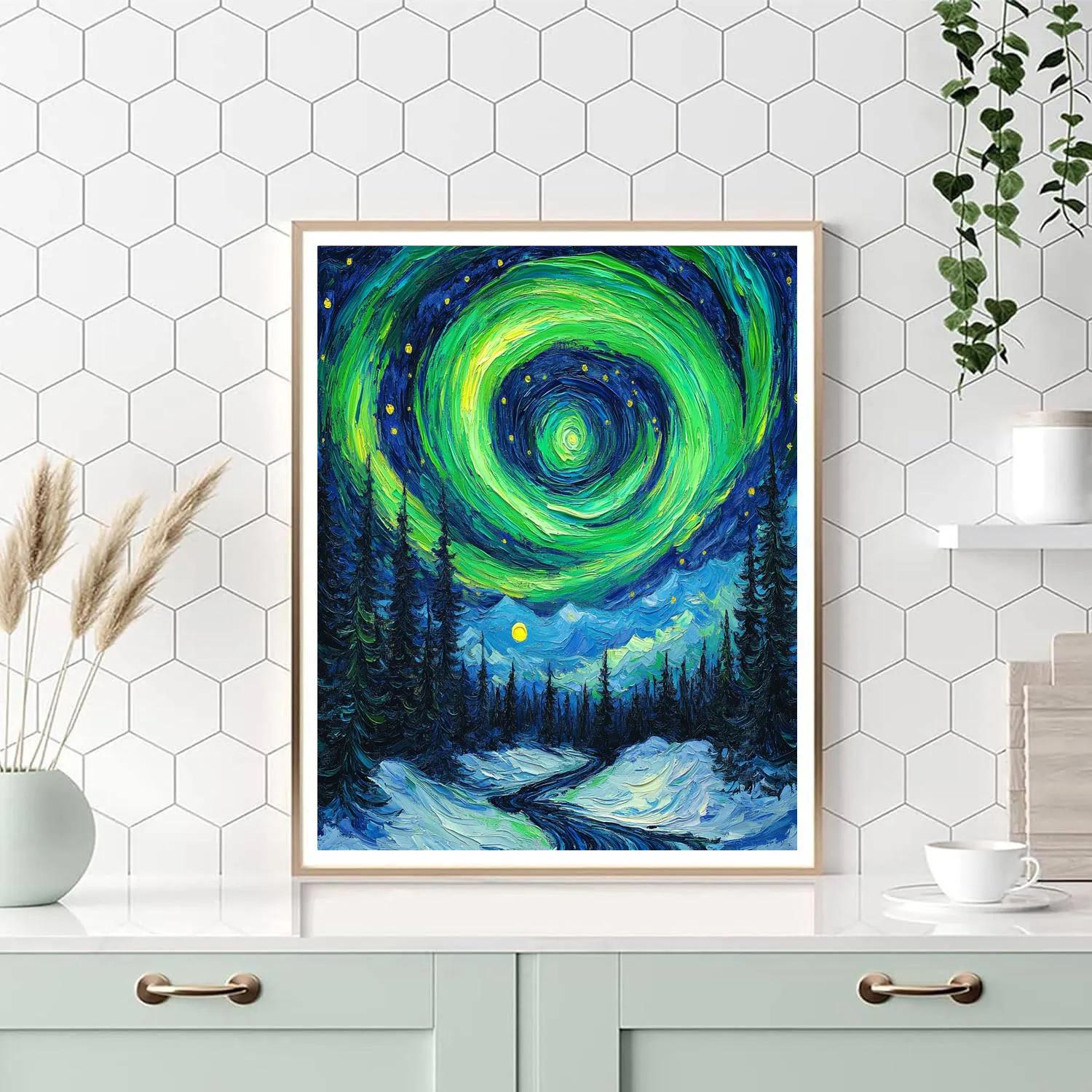 Vincent Van Gogh Inspired Aurora Over Pine Forest Number painting