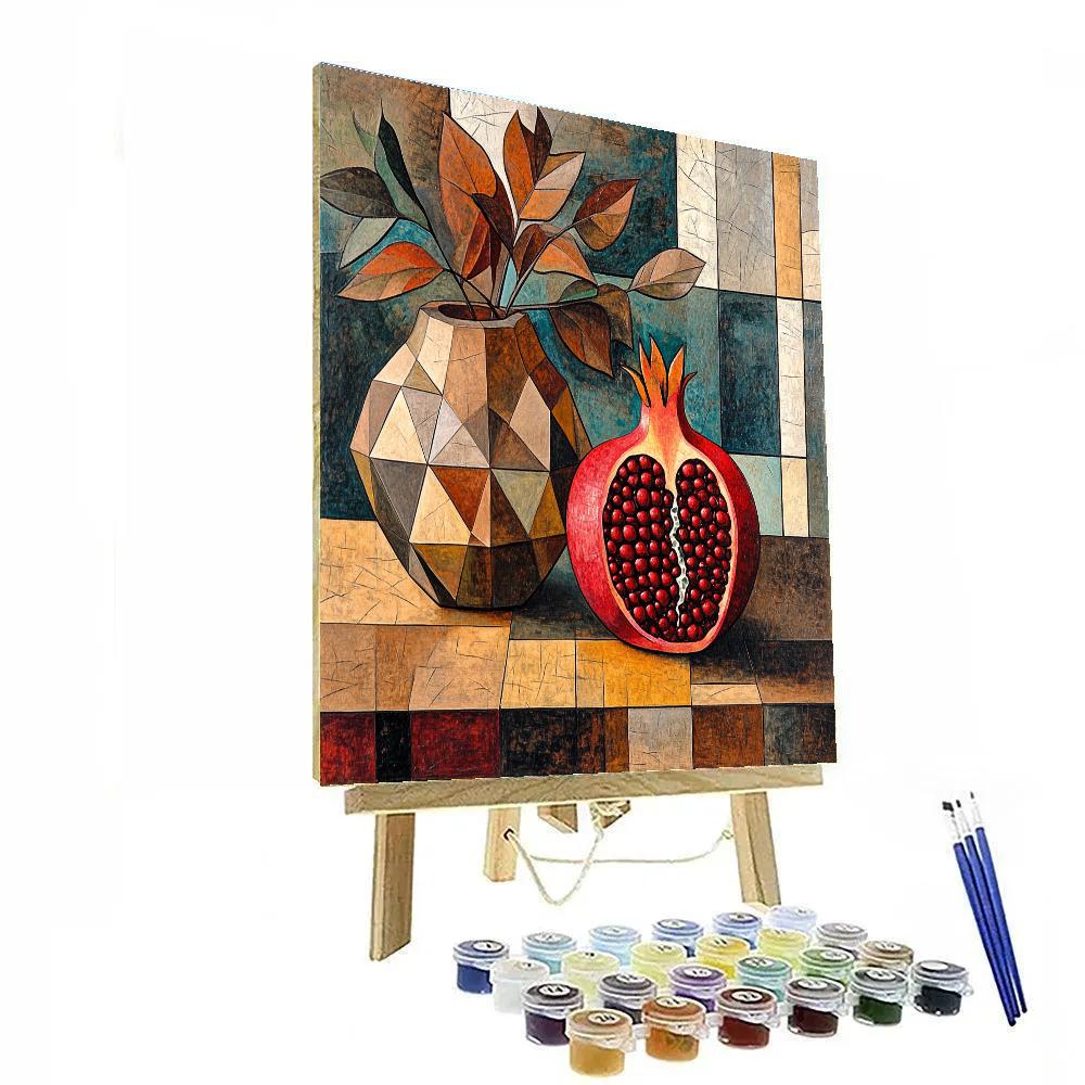 Pablo Picasso Inspired Cubist Orchard Still Life With Pomegranate And Faceted Vase paint by color