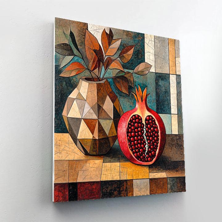 Pablo Picasso Inspired Cubist Orchard Still Life With Pomegranate And Faceted Vase paint by color