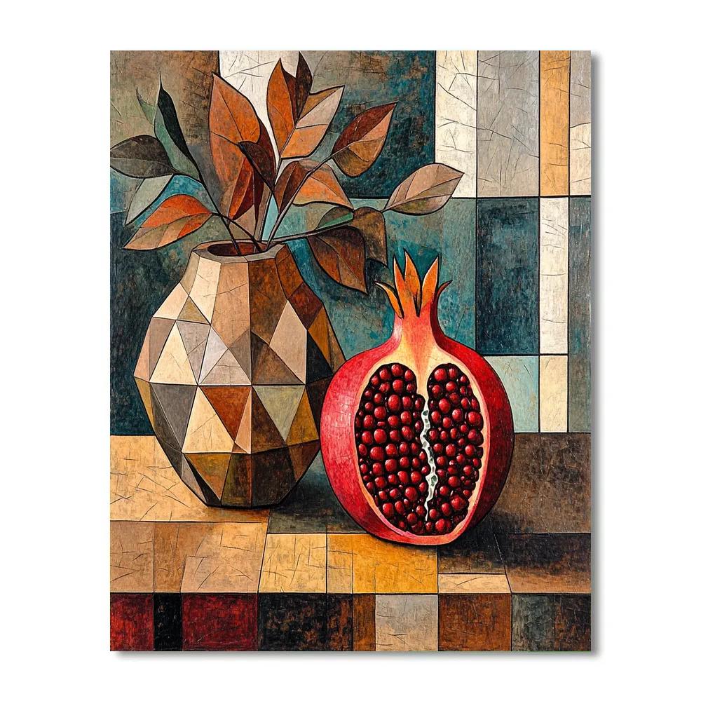 Pablo Picasso Inspired Cubist Orchard Still Life With Pomegranate And Faceted Vase paint by color