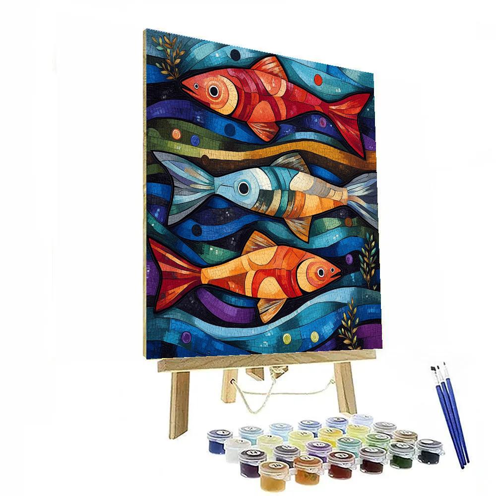 Norval Morrisseau Inspired Three Salmon Of River Fire Spiral Number painting