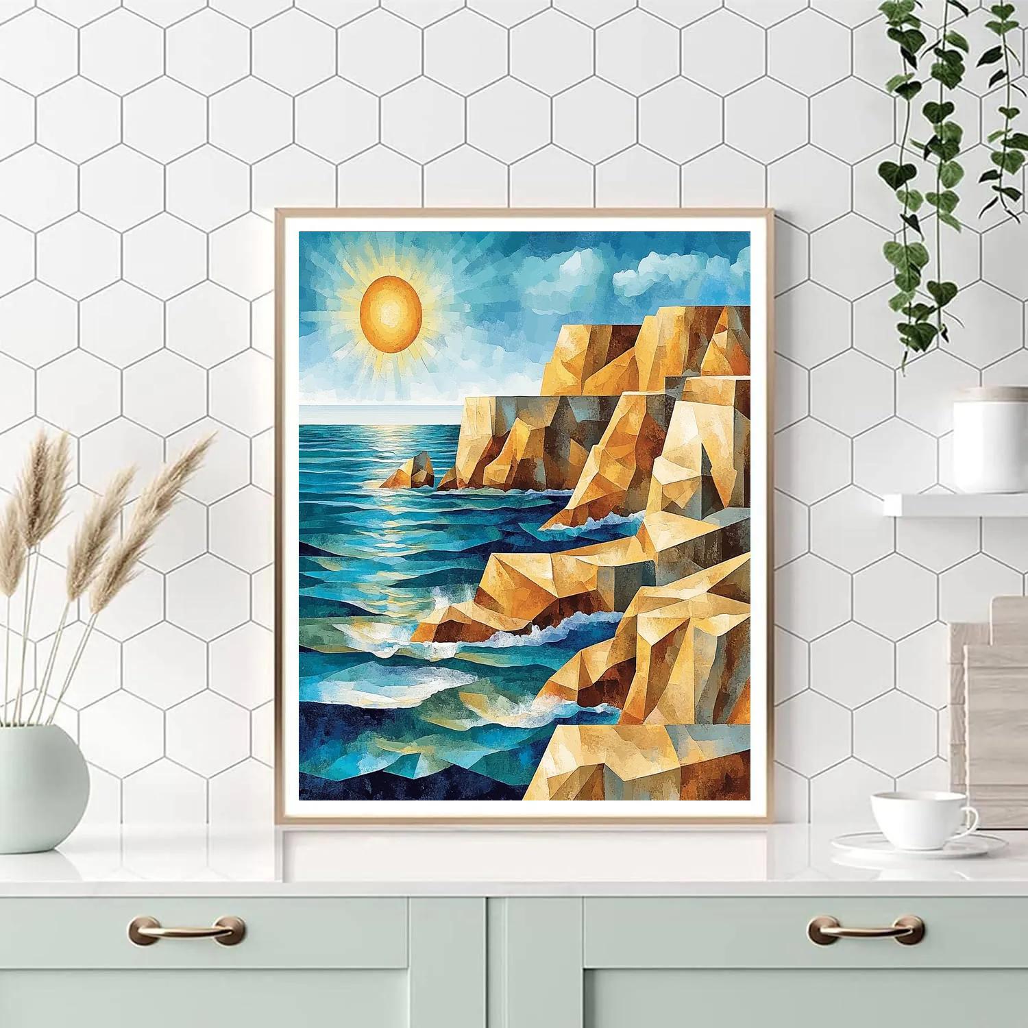 Pablo Picasso Inspired Geometric Coastal Cliffs And Sunlit Sea Planes paint by number