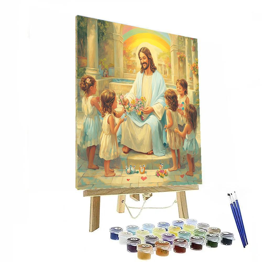 Jesus With Children In A Rainbow Courtyard paint by numbers