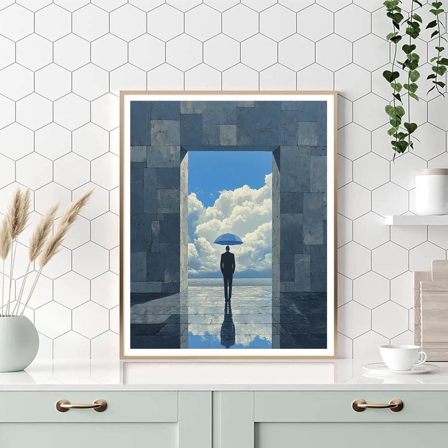 René Magritte Inspired Man With Umbrella Of Clouds Paint by numbers art