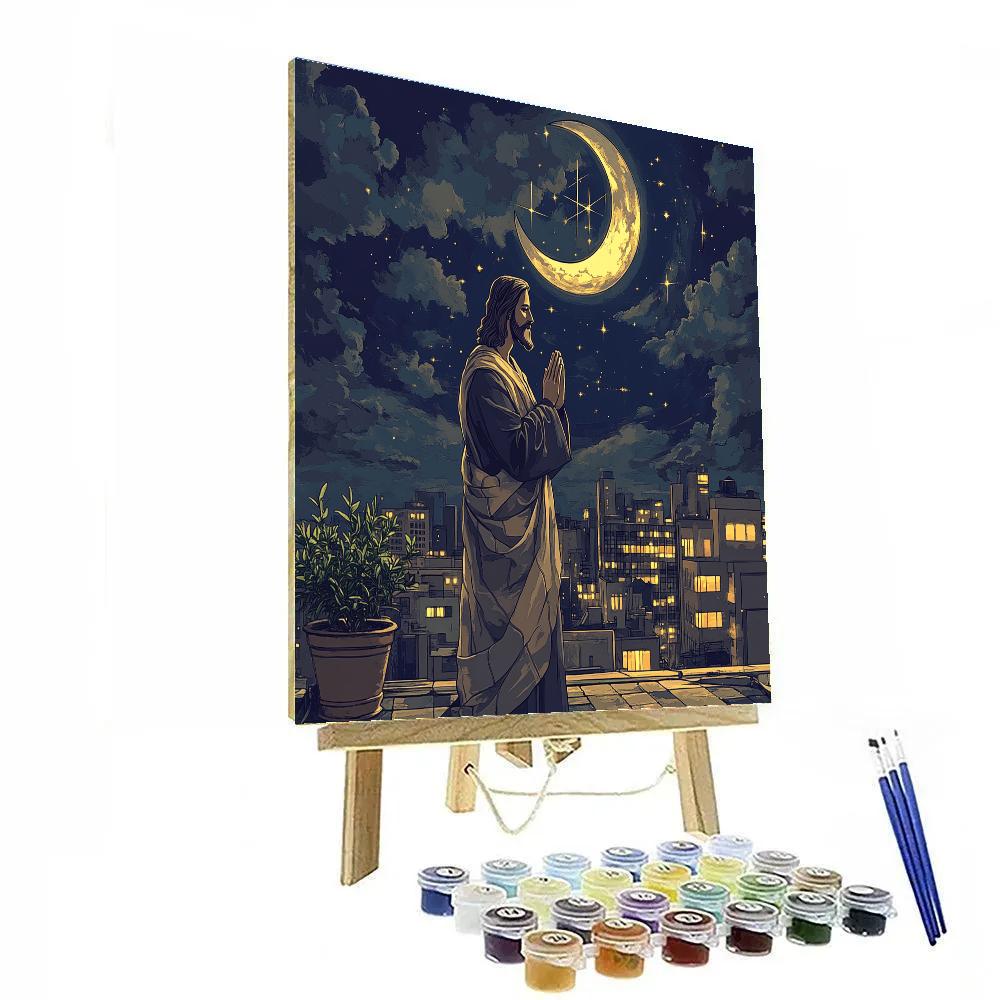 City Rooftop Prayer, Jesus At Night Painting by numbers kit