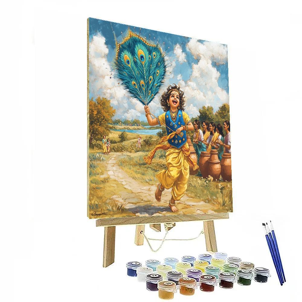 Krishna And The Peacock Feather Kite paint by color