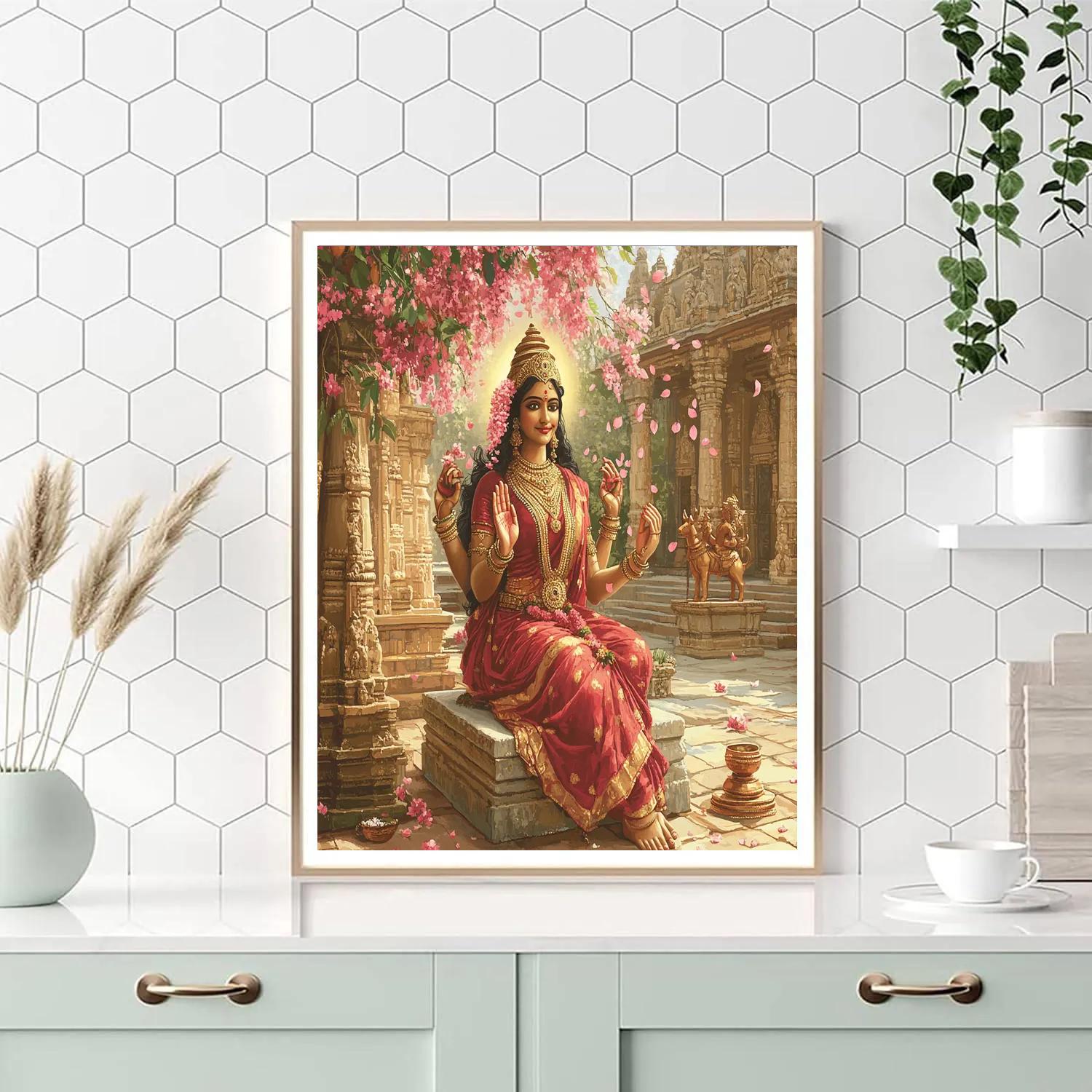 Temple Courtyard Prayer With Parvati In Rain Of Blossoms Paint by numbers art