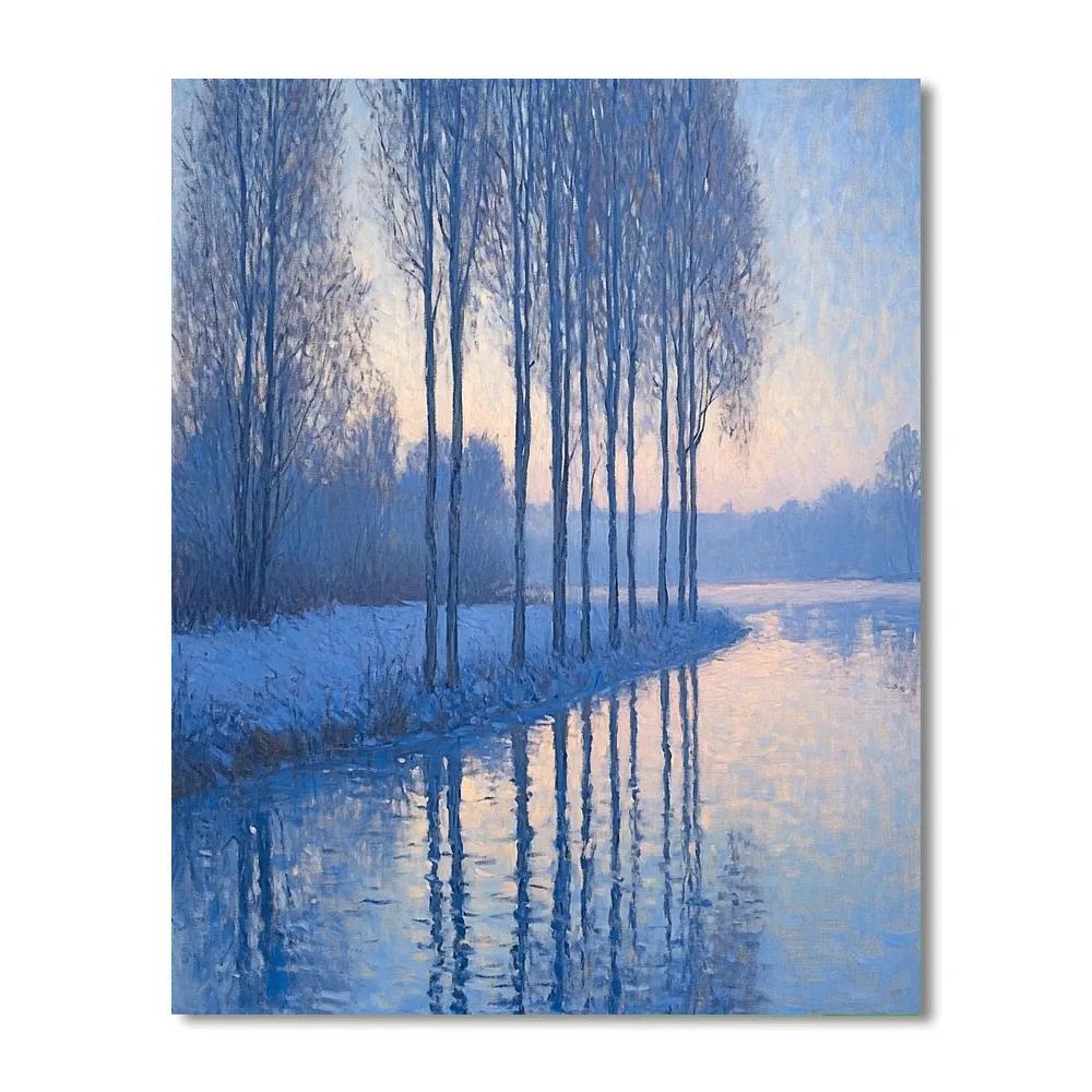 Claude Monet Inspired Poplar Riverbank In Blue Hour Frost Paint by numbers art