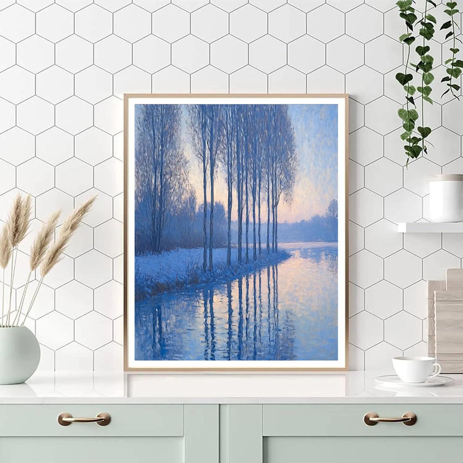 Claude Monet Inspired Poplar Riverbank In Blue Hour Frost Paint by numbers art