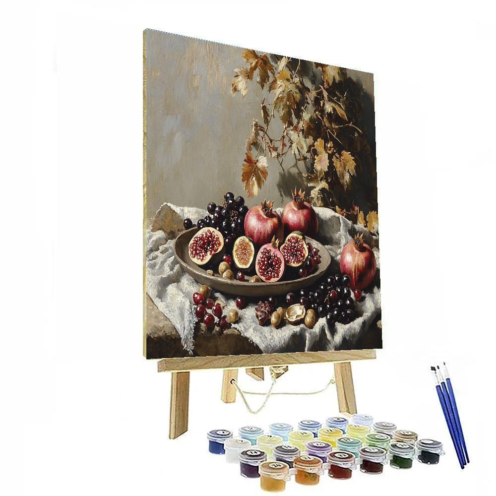Diego Velázquez Inspired Market Still Life Of Pomegranates Figs And Clay Plate In Hushed Light painting number kit