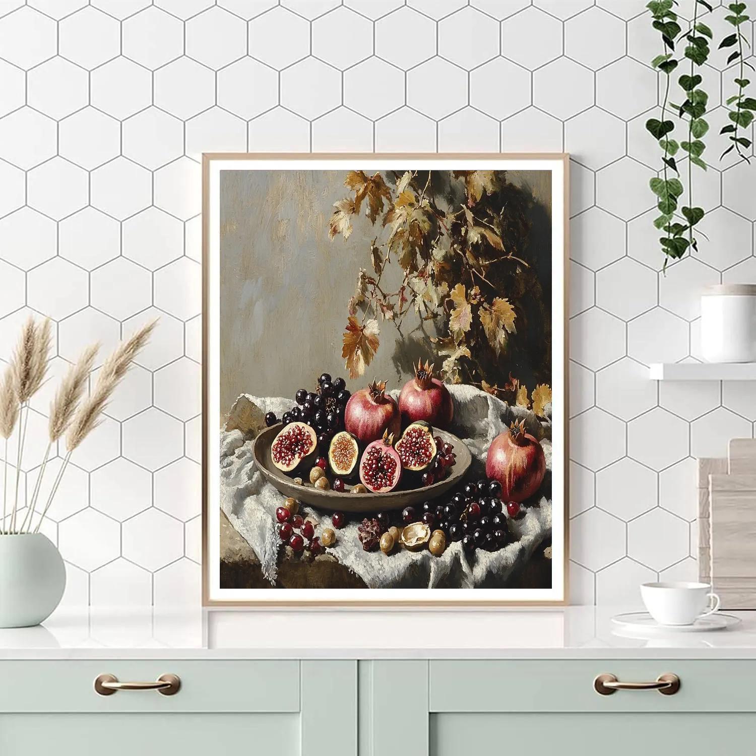 Diego Velázquez Inspired Market Still Life Of Pomegranates Figs And Clay Plate In Hushed Light painting number kit