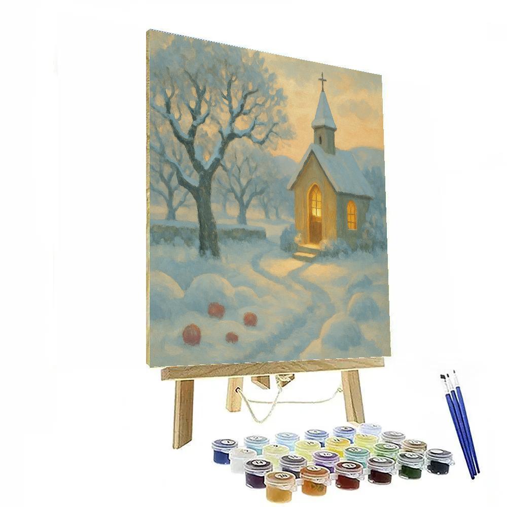 Sunrise Orchard Chapel In Soft Snowfall painting number kit