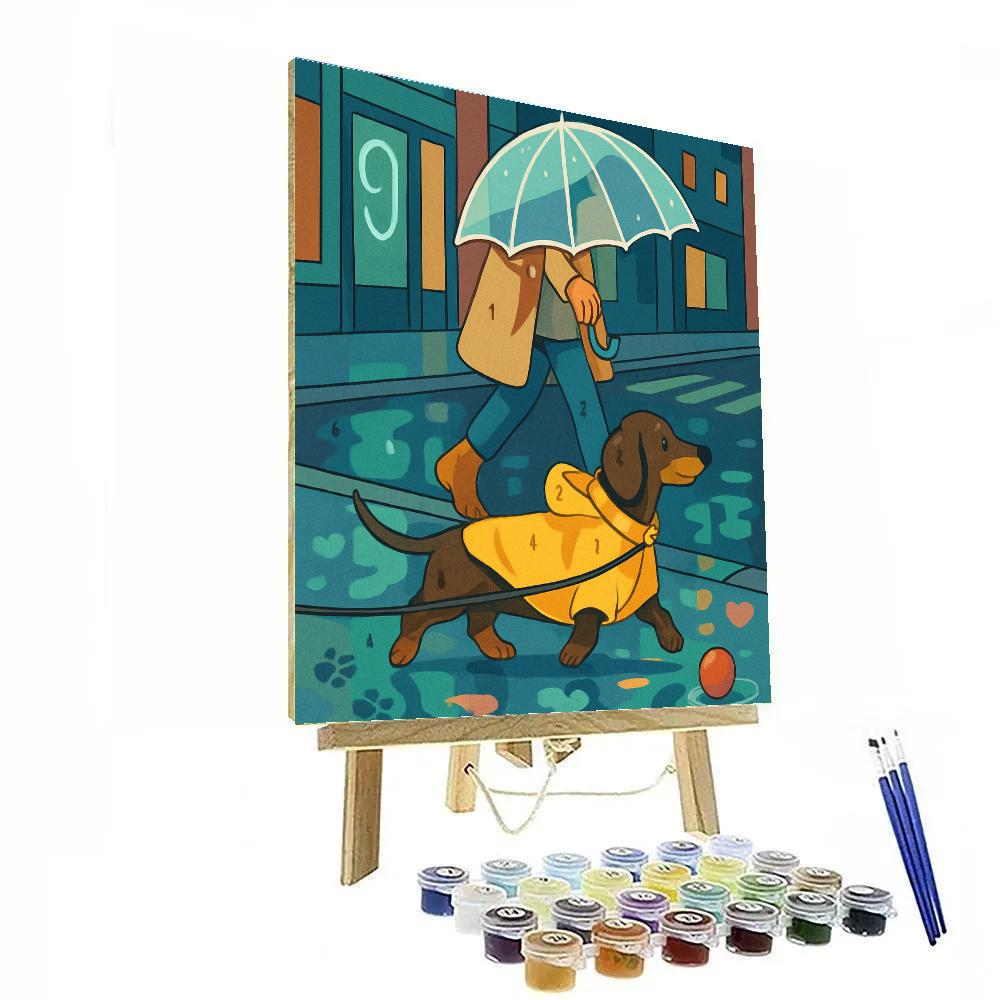 Rainy City Umbrella Walk With Dog Paint by numbers art